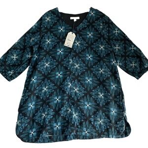 NWT Seasalt Cornwall Long Blouse Top Sz 12 Blue 3/4 Sleeve‎ 100% Organic Cotton